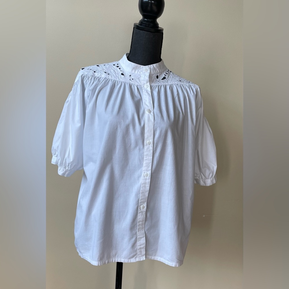 VINTAGE - White Puff Sleeve Button Down Top with Embroidery